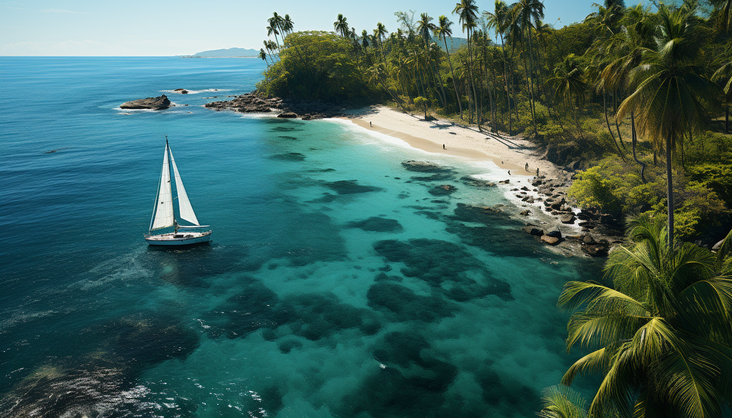 Lush tropical island from above, showing clear blue waters, white sandy beaches, a coral reef, and a lone sailboat.