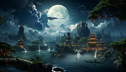 A mystical floating temple in the sky, surrounded by clouds, with monks meditating, serene gardens, and mythical creatures flying around.