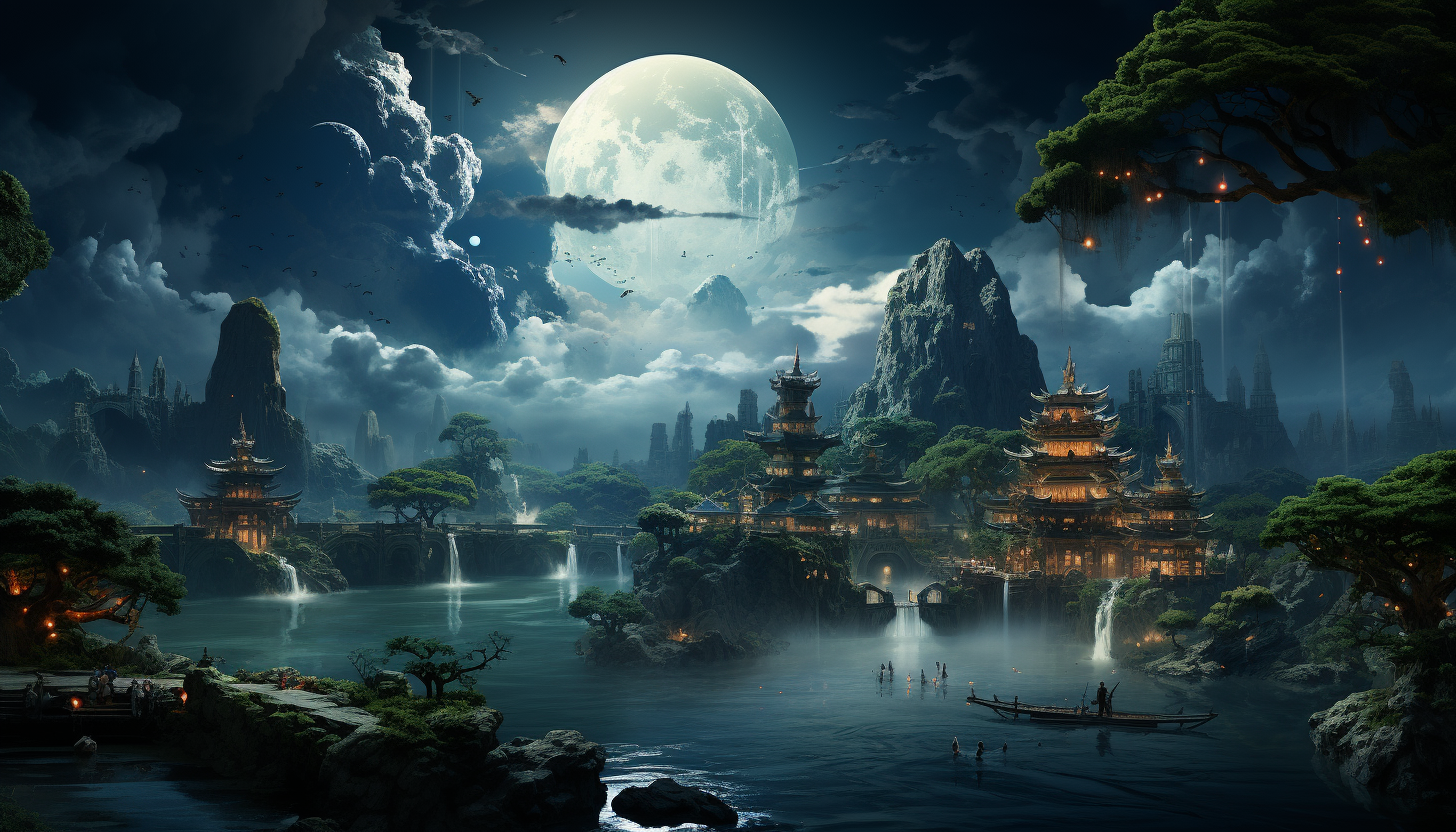 A mystical floating temple in the sky, surrounded by clouds, with monks meditating, serene gardens, and mythical creatures flying around.