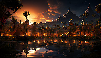 Desert oasis at twilight, with palm trees, a tranquil pond, nomadic tents, and camels resting under a starry sky.