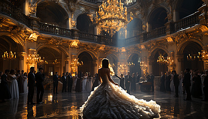 Opulent Renaissance ballroom, with elegantly dressed dancers, grand chandeliers, ornate decorations, and a live orchestra.