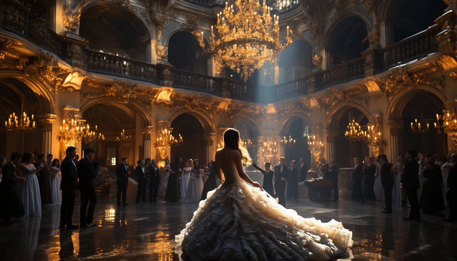 Opulent Renaissance ballroom, with elegantly dressed dancers, grand chandeliers, ornate decorations, and a live orchestra.