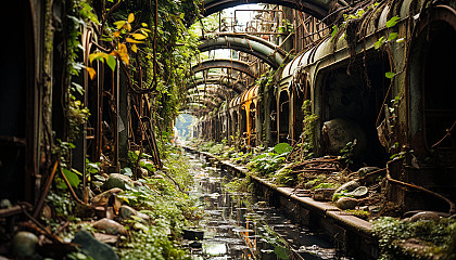 An abandoned amusement park overtaken by nature, rusting rides, overgrown paths, and a hauntingly beautiful atmosphere.