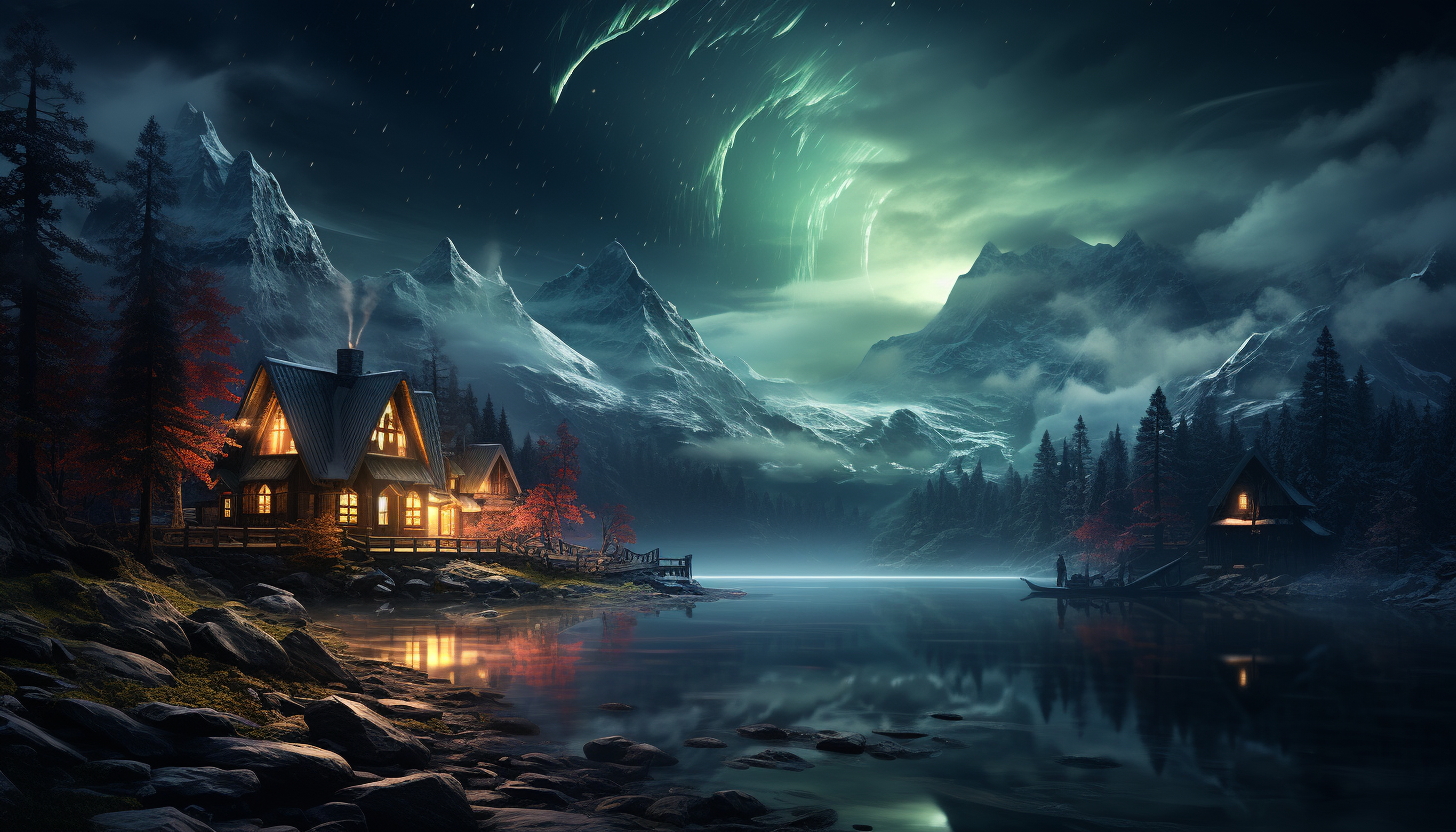 Cozy mountain cabin in winter, snow-covered trees, a frozen lake, smoke rising from the chimney, and a night sky with the Northern Lights.