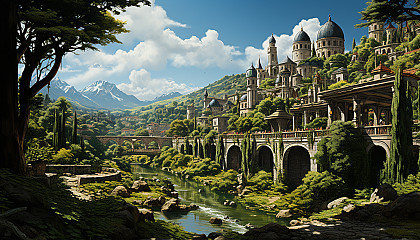 A Renaissance festival scene, with jesters, knights, merchants, and a grand tournament in the background, set in a lush, green valley.