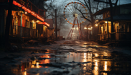 Abandoned amusement park at dusk, with a vintage ferris wheel, carousel horses, overgrown paths, and a haunting, whimsical atmosphere.