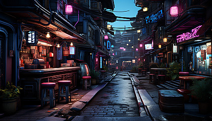 Cyberpunk alleyway in a neon-lit city, with graffiti walls, street vendors, augmented humans, and futuristic technology.