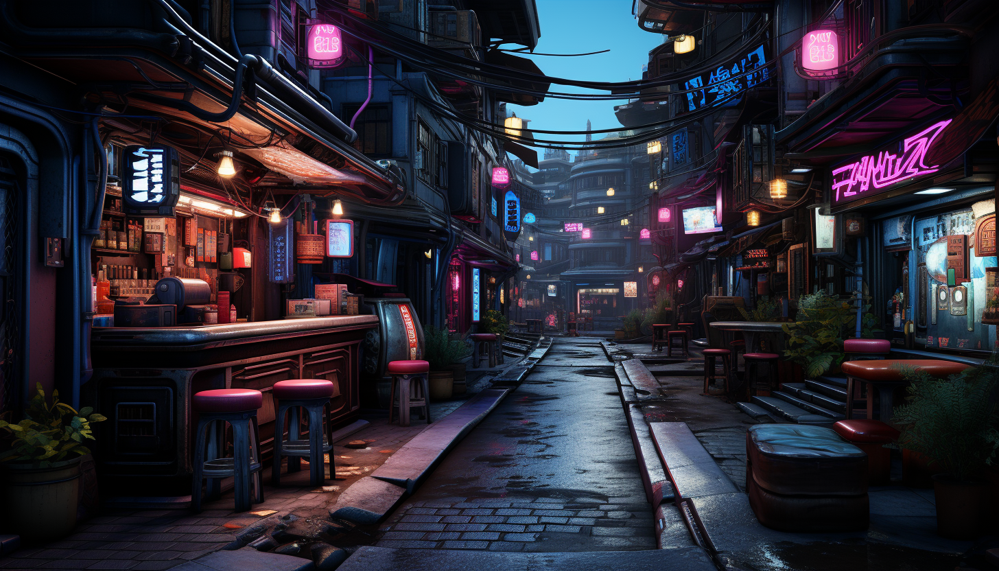 Cyberpunk alleyway in a neon-lit city, with graffiti walls, street vendors, augmented humans, and futuristic technology.