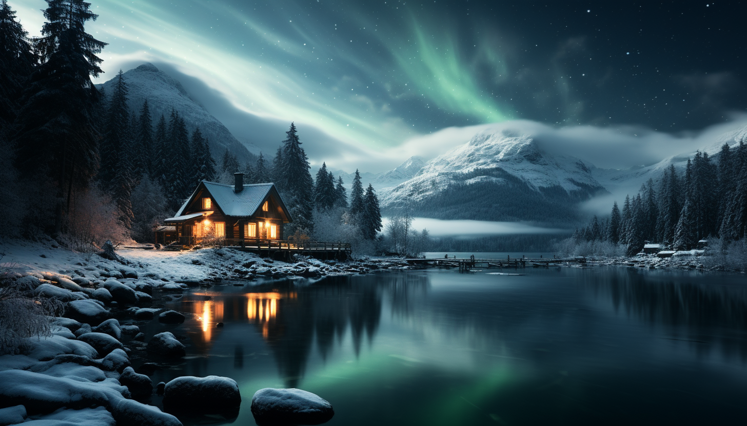 Tranquil alpine cabin in winter, surrounded by snow-covered pine trees, smoke rising from the chimney, and northern lights in the sky.