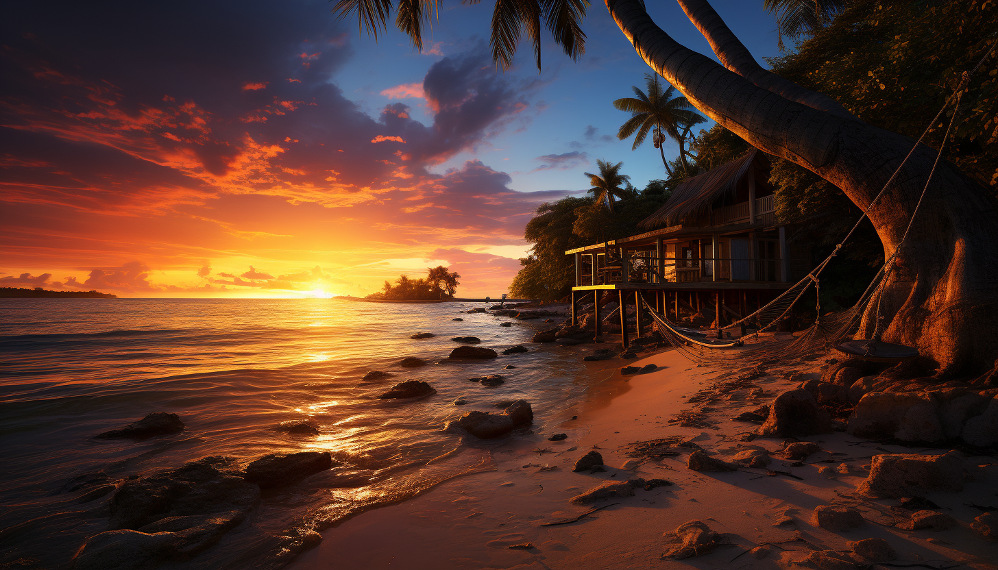 Lush tropical island paradise at sunset, with palm trees, white sandy beaches, hammocks, and a small hut overlooking the turquoise ocean.