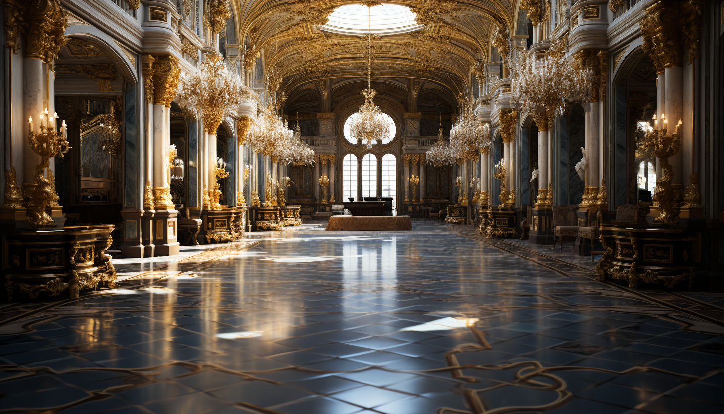 Grand ballroom in a Baroque palace, opulent chandeliers, ornate gold and marble decor, large mirrors, and a grand piano.