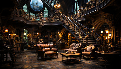 Ancient library with towering bookshelves, hidden alcoves, antique globes, and a grand spiral staircase leading to mysterious upper levels.