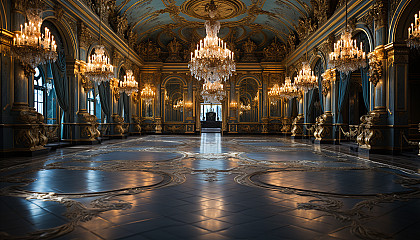 Lavish Renaissance ballroom, with elegant dancers, opulent chandeliers, and grand frescoes.