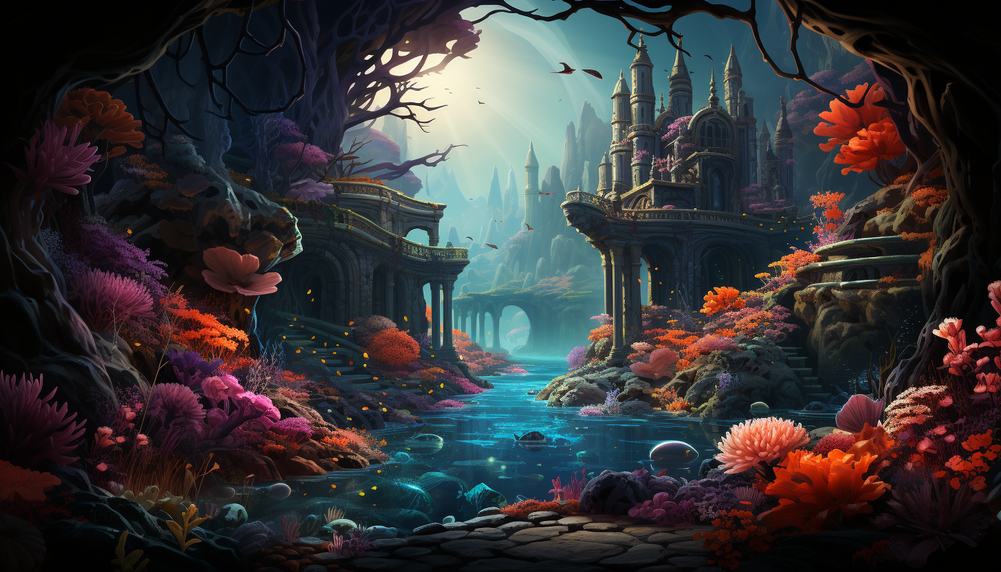 Vibrant coral garden underwater, teeming with colorful sea life, anemones, and a hidden treasure chest partially buried in sand.