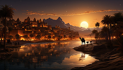 Desert oasis at twilight, with palm trees, a tranquil pool, camels resting, and a caravan of traders setting up camp.