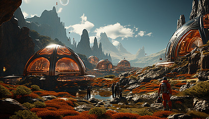 Futuristic Martian colony, with biodomes, red desert landscape, astronauts in advanced suits, and a distant Earth visible in the sky.