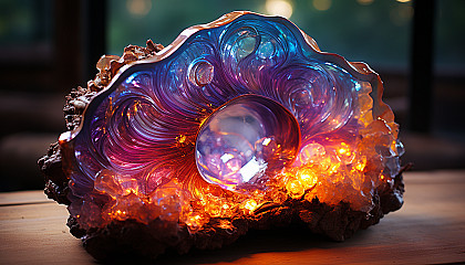 The iridescent interior of a geode, sparkling with color.