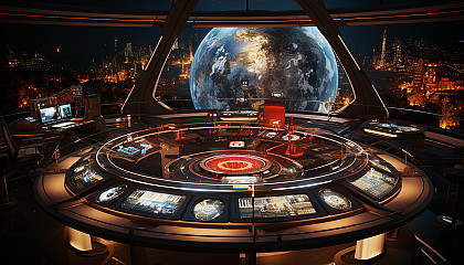 High-tech command center with large holographic displays, control stations, and crew members in uniform engaged in a space mission.