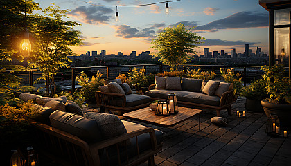 Rooftop garden in a modern city, with a variety of plants, comfortable seating areas, string lights, and a panoramic skyline view.