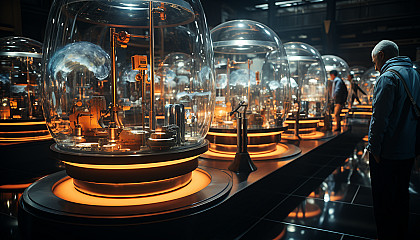 High-tech futuristic laboratory, with holographic displays, robotic arms, scientists in lab coats, and a central AI interface.