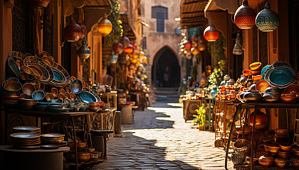 Traditional Moroccan bazaar, vibrant with spices, handmade textiles, lanterns, and bustling crowds in a maze of narrow alleys.