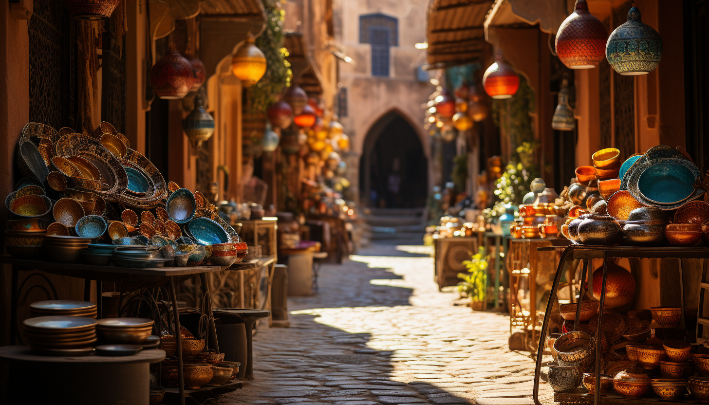 Traditional Moroccan bazaar, vibrant with spices, handmade textiles, lanterns, and bustling crowds in a maze of narrow alleys.