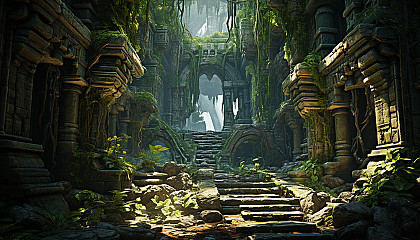 Abandoned ancient temple in a dense jungle, overrun by vines, with sunlight filtering through the canopy and hidden treasures inside.