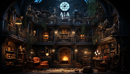 Ancient library with towering bookshelves, mystical tomes, a grand fireplace, and globes of softly glowing enchanted light.