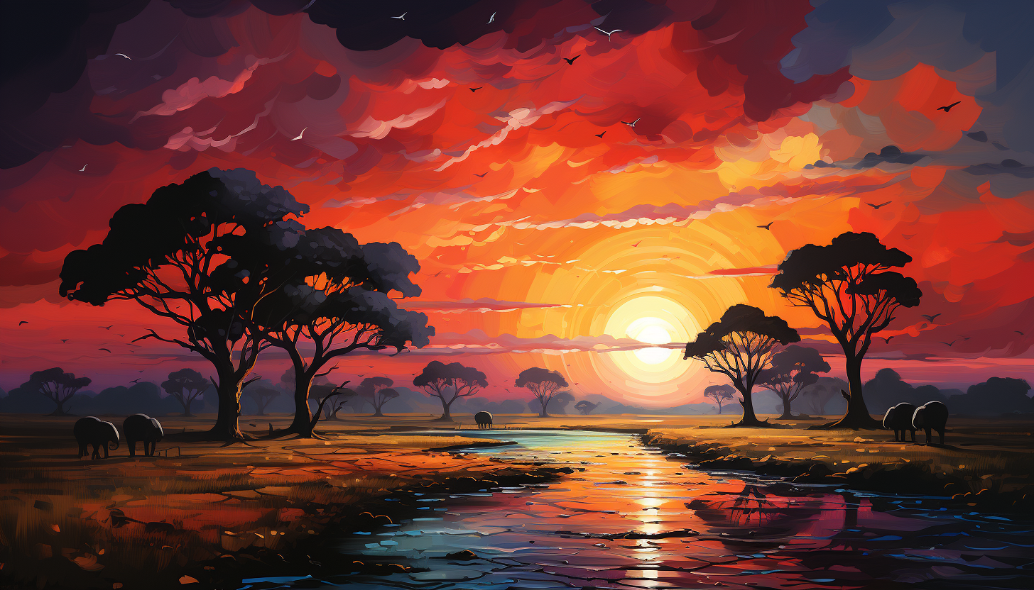 Sunset in an African savanna, with silhouettes of acacia trees, a group of elephants, and a vibrant, orange-hued sky.