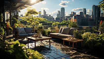 Rooftop garden in a modern city, with lush greenery, comfortable seating, skyscrapers in the background, and a small pond.