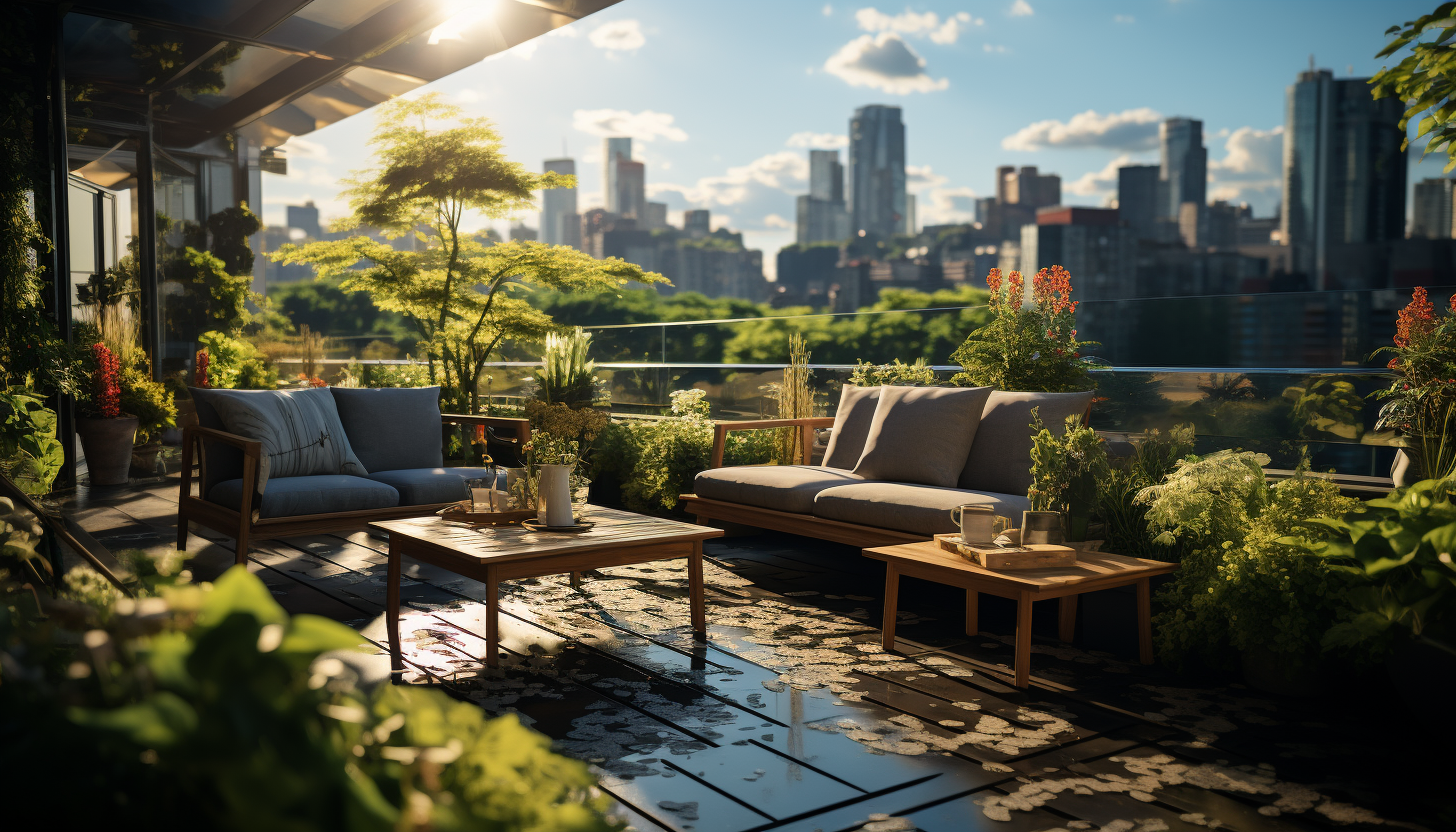 Rooftop garden in a modern city, with lush greenery, comfortable seating, skyscrapers in the background, and a small pond.