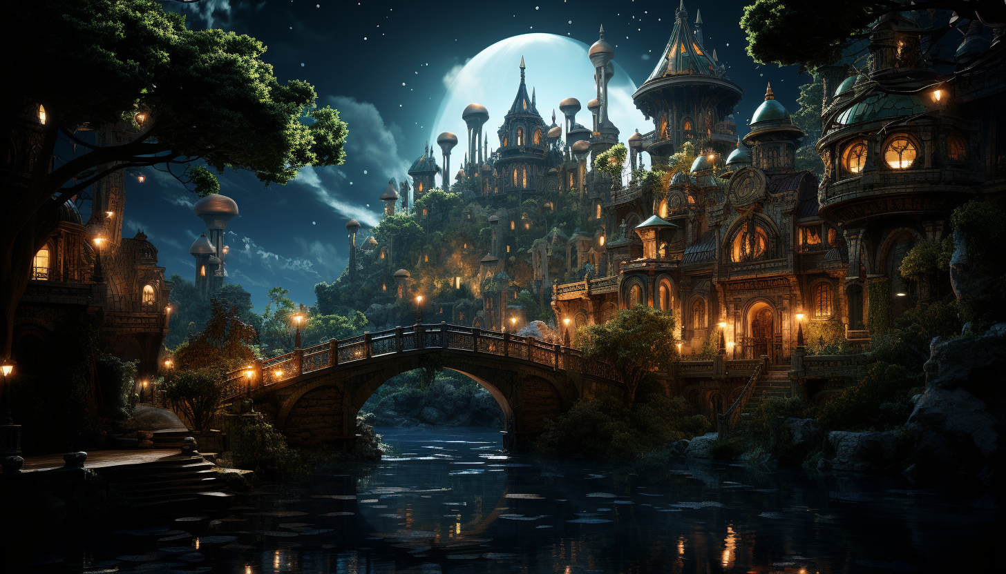 Fantasy elven city in a forest, with treehouse dwellings, elegant bridges, magical lights, and mythical creatures roaming.