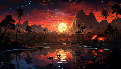 Desert oasis at twilight, featuring a tranquil pond, palm trees, camels resting, and a Bedouin tent under a star-filled sky.