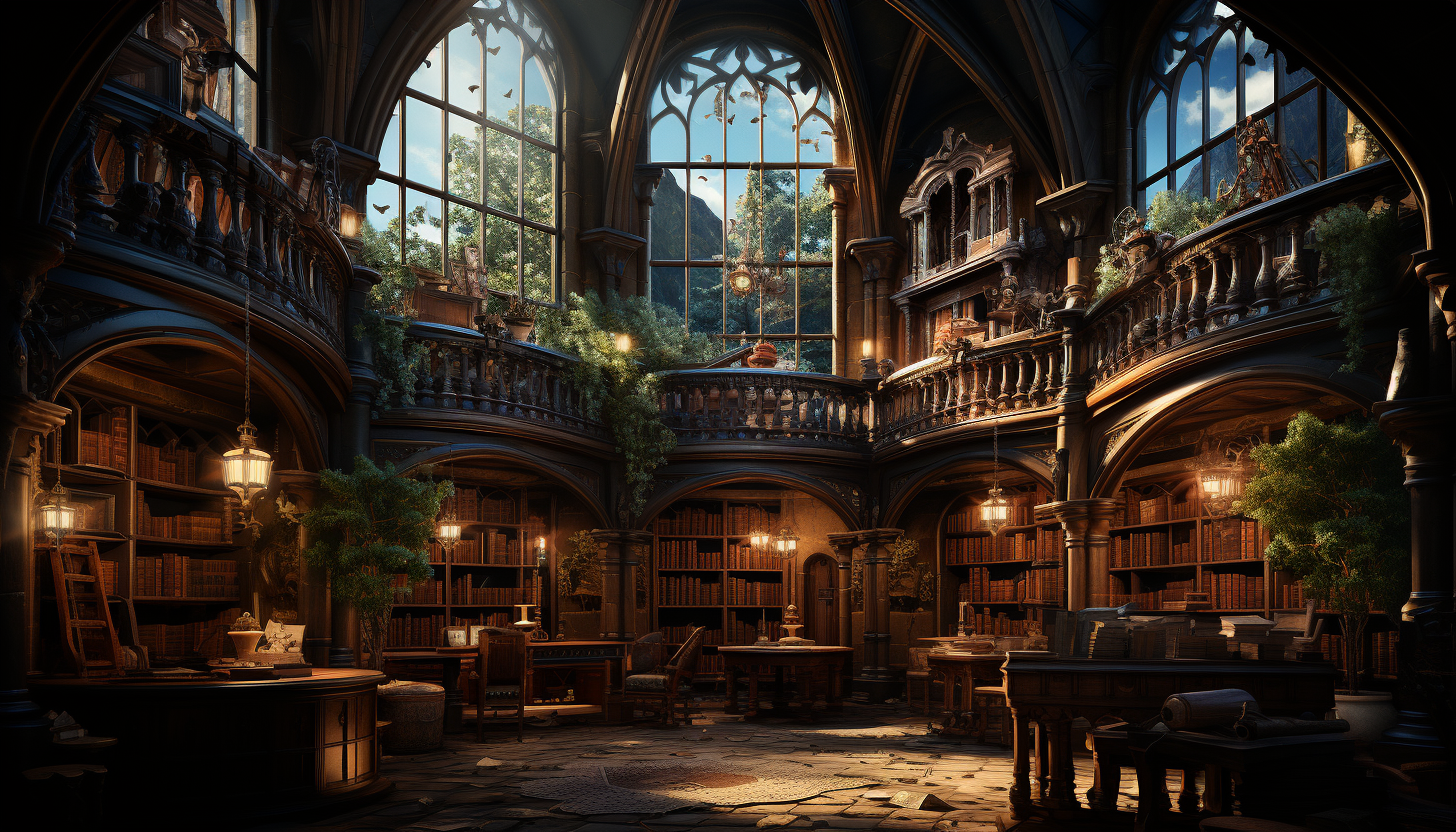 Ancient library filled with towering bookshelves, secret passages, antique globes, and a large, ornate window casting sunlight on the dusty tomes.