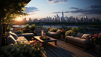 Rooftop garden in a modern city, with a variety of plants, city skyline view, comfortable seating areas, and soft ambient lighting.