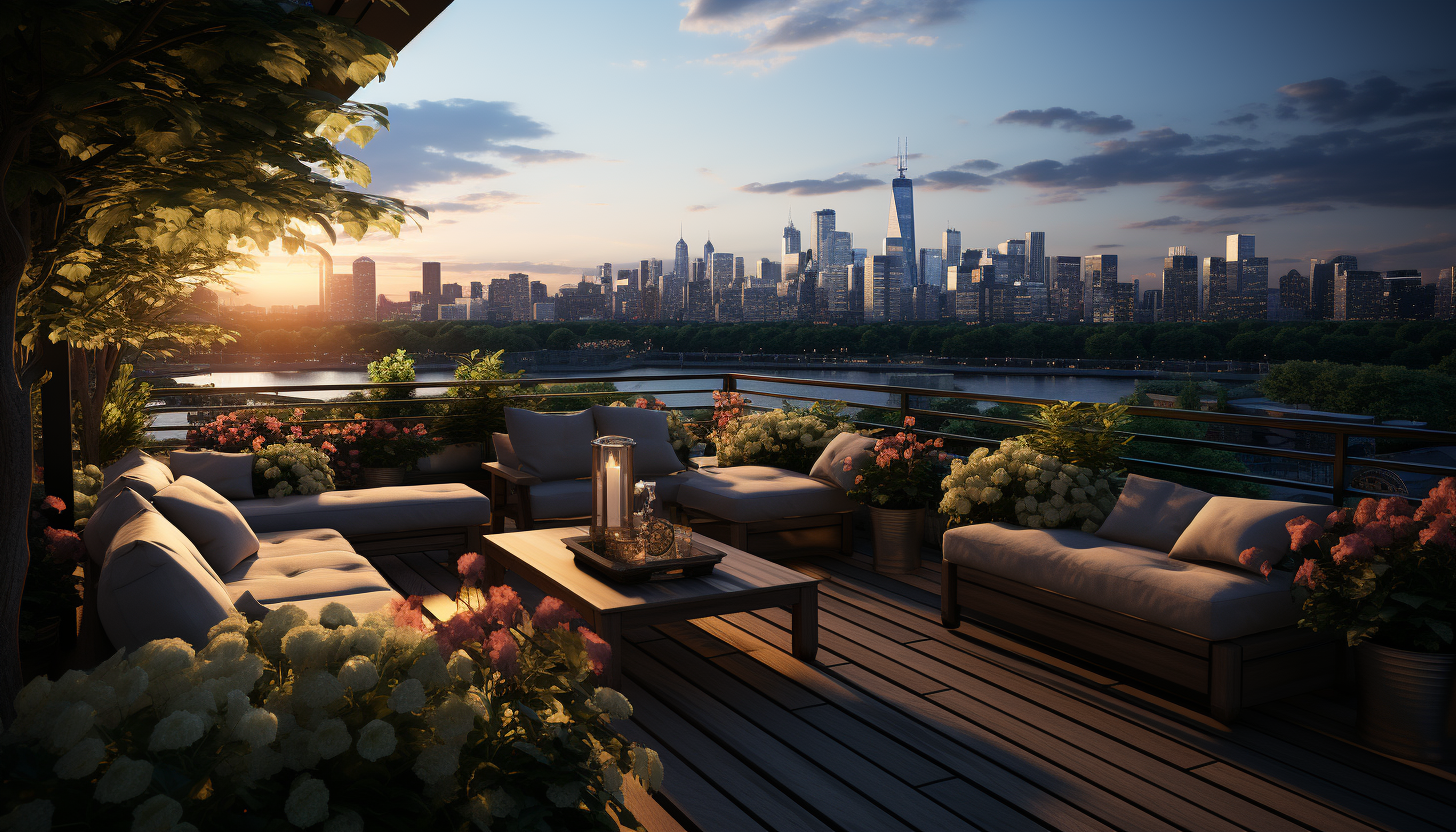 Rooftop garden in a modern city, with a variety of plants, city skyline view, comfortable seating areas, and soft ambient lighting.