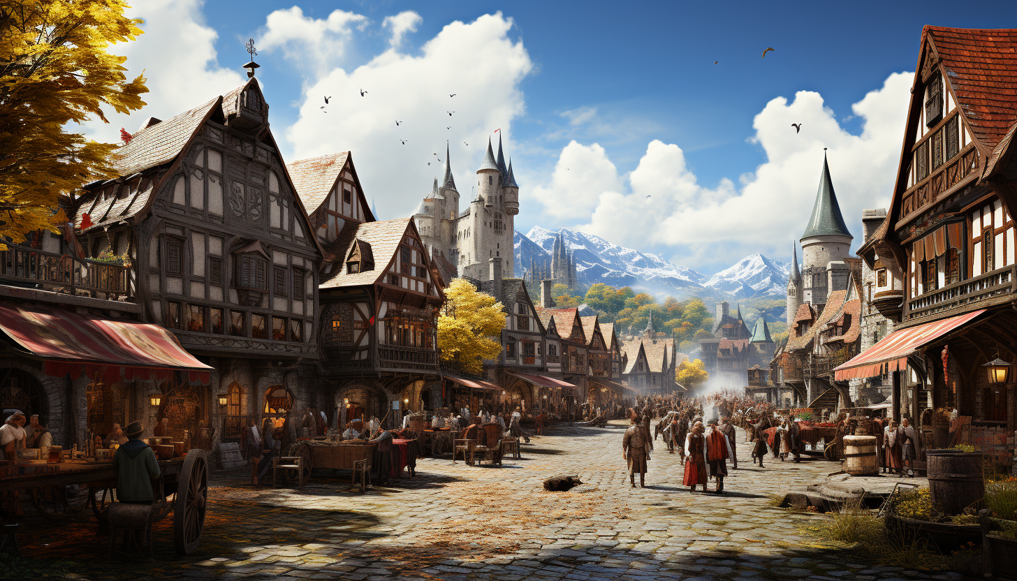 A bustling Renaissance fair, with jesters, knights in armor, medieval music, market stalls, and a castle in the background.