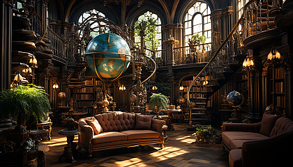 Grand library with towering bookshelves, ancient books, a large globe, spiral staircases, and sunlight streaming through stained glass windows.