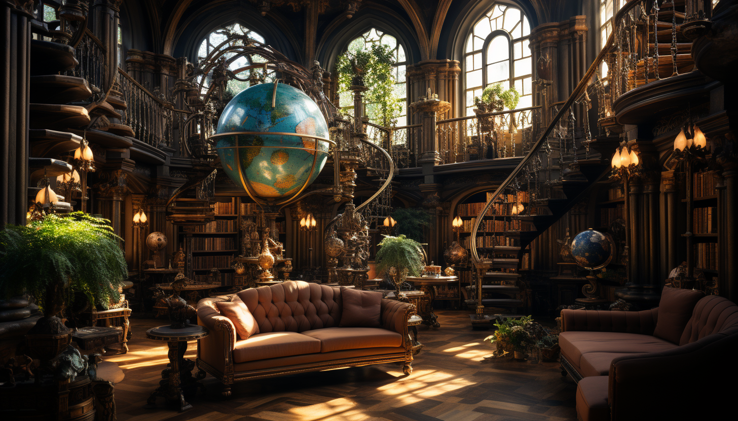 Grand library with towering bookshelves, ancient books, a large globe, spiral staircases, and sunlight streaming through stained glass windows.