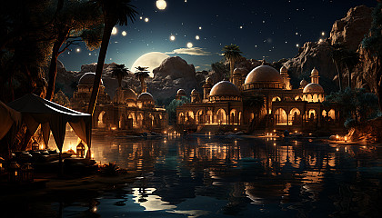 Desert oasis at night, with a star-filled sky, Bedouin tents, camels resting, and a tranquil pool reflecting the moon.