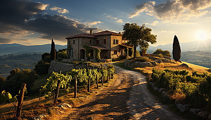 Lush vineyard landscape in Tuscany, with rolling hills, grapevines in neat rows, a rustic stone villa, and the setting sun casting golden hues.