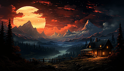 A cozy, snow-covered log cabin in the woods, smoke rising from the chimney, deer grazing nearby, under a star-filled night sky.