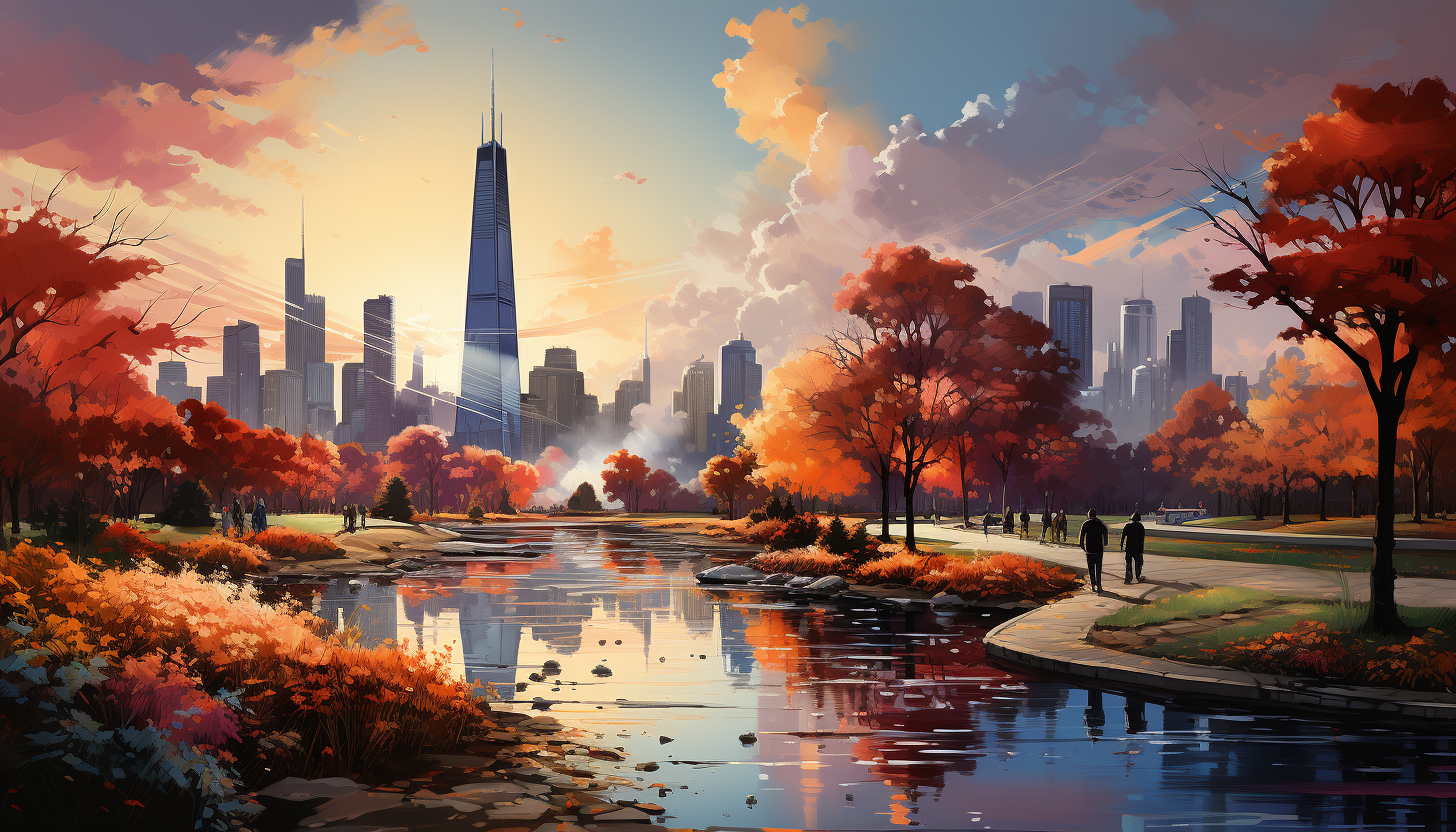 Modern city park in autumn, with skyscrapers in the background, people jogging and walking dogs, colorful leaves, and a serene lake.