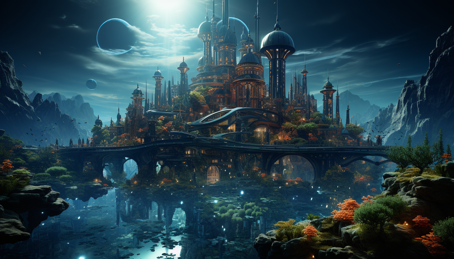 Futuristic underwater city with dome structures, bioluminescent plants, diverse marine life, and submarines navigating the waters.