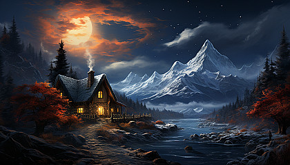Cozy mountain cabin in winter, surrounded by snow-covered trees, smoke rising from the chimney, and a night sky filled with stars.