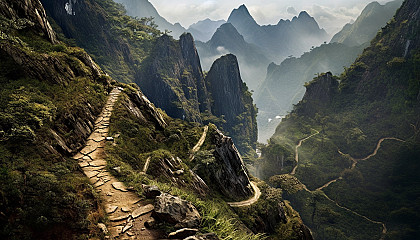 A narrow trail winding up a mountainous terrain.