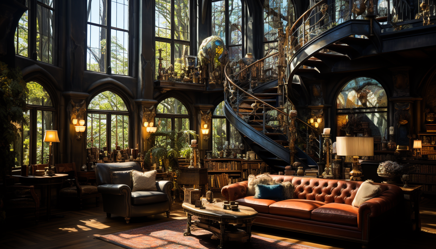 Grand library with towering bookshelves, spiral staircases, antique globes, and sunlight filtering through stained glass windows.