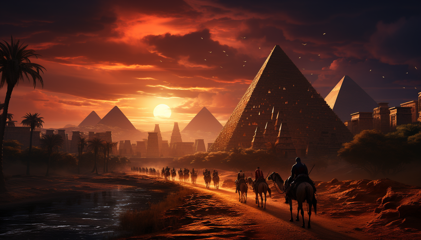 Ancient Egyptian pyramids at sunset, with camels, travelers, the Sphinx, and hieroglyphics, set against a golden desert backdrop.