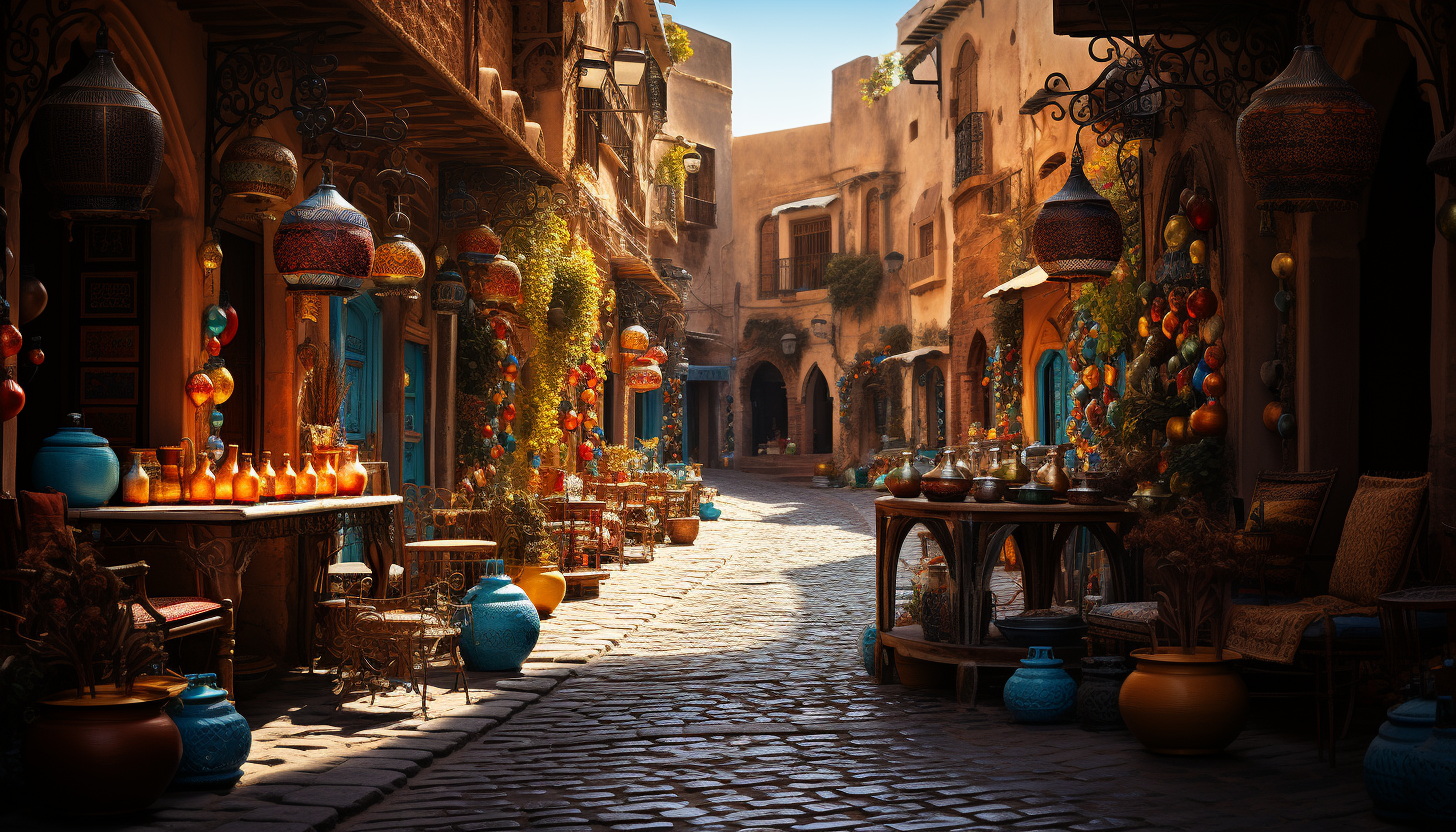 Traditional Moroccan bazaar, vibrant with spices, handmade textiles, lanterns, and bustling crowds in a maze of narrow alleys.