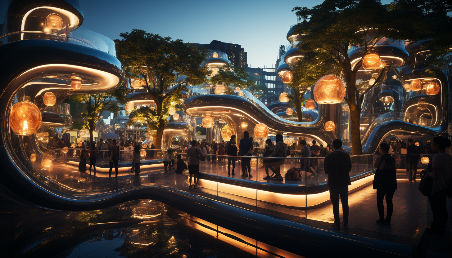 Futuristic urban park at dusk, with interactive light installations, modern sculptures, people relaxing, and a skyline of smart buildings.